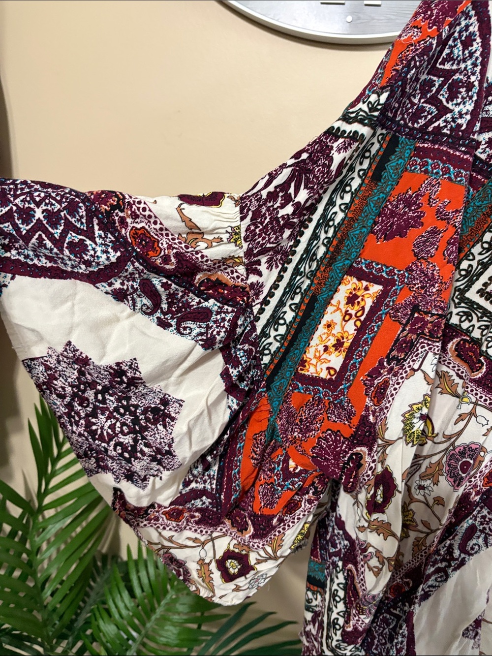 Gigio XL Cream Kimono Jacket with Burgundy, Teal & Rust Patchwork - Picture 4 of 11